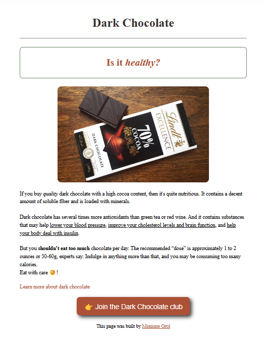 Preview of the Dark Chocolate webpage, join the club.